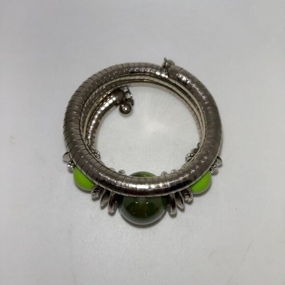 Silver-Tone & Green Acrylic Bead Memory Wire Bracelet Adjustable Wrap Style - Picture 6 of 10